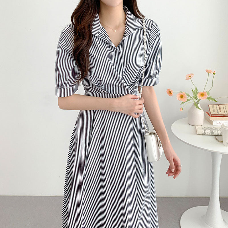 Lapel Button Waist-tight Slimming Puff Sleeve Striped Shirt Dress