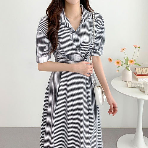 Lapel Button Waist-tight Slimming Puff Sleeve Striped Shirt Dress