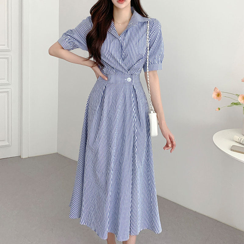 Lapel Button Waist-tight Slimming Puff Sleeve Striped Shirt Dress