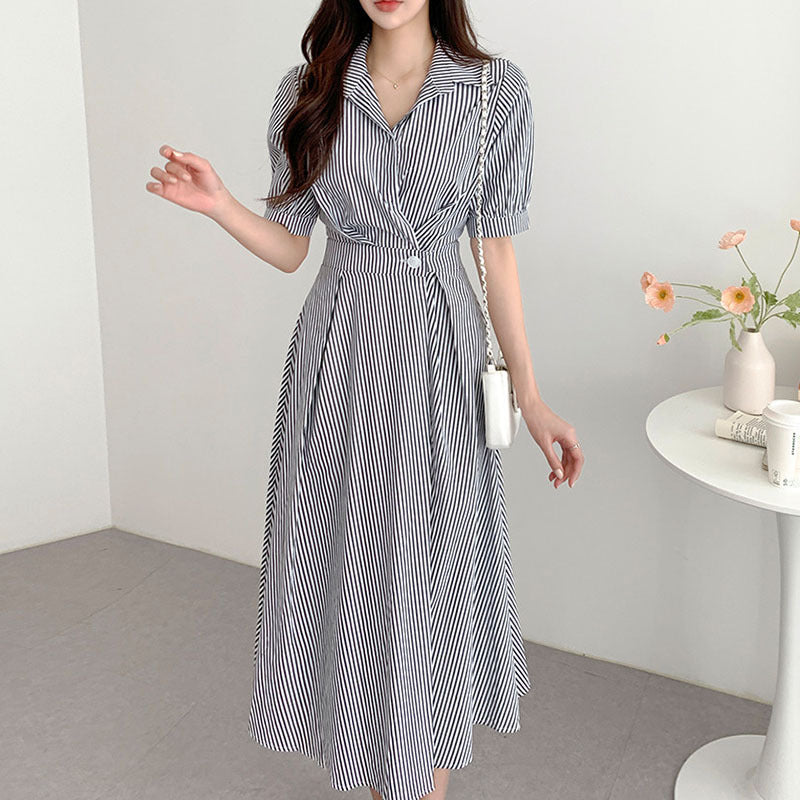 Lapel Button Waist-tight Slimming Puff Sleeve Striped Shirt Dress